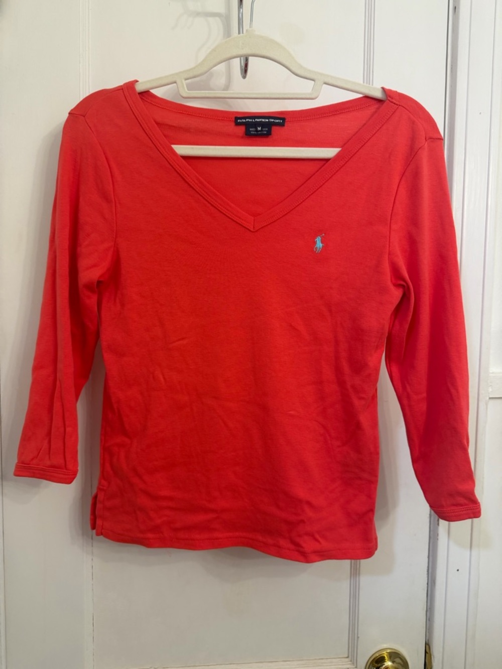 Ralph Lauren Sport Ribbed V-Neck Tee in Coral Red